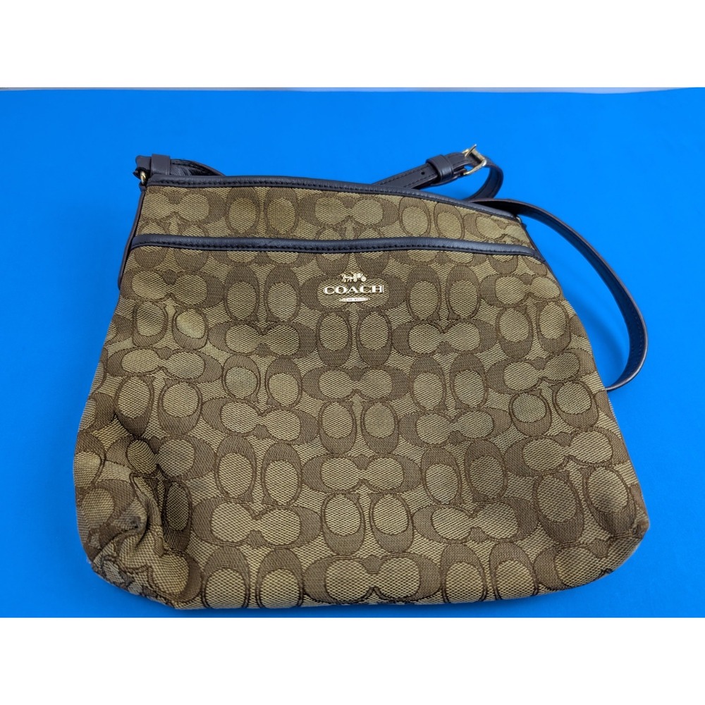 READ POOR Coach Signature Jacquard File Crossbody Bag Khaki Canvas Adjustable